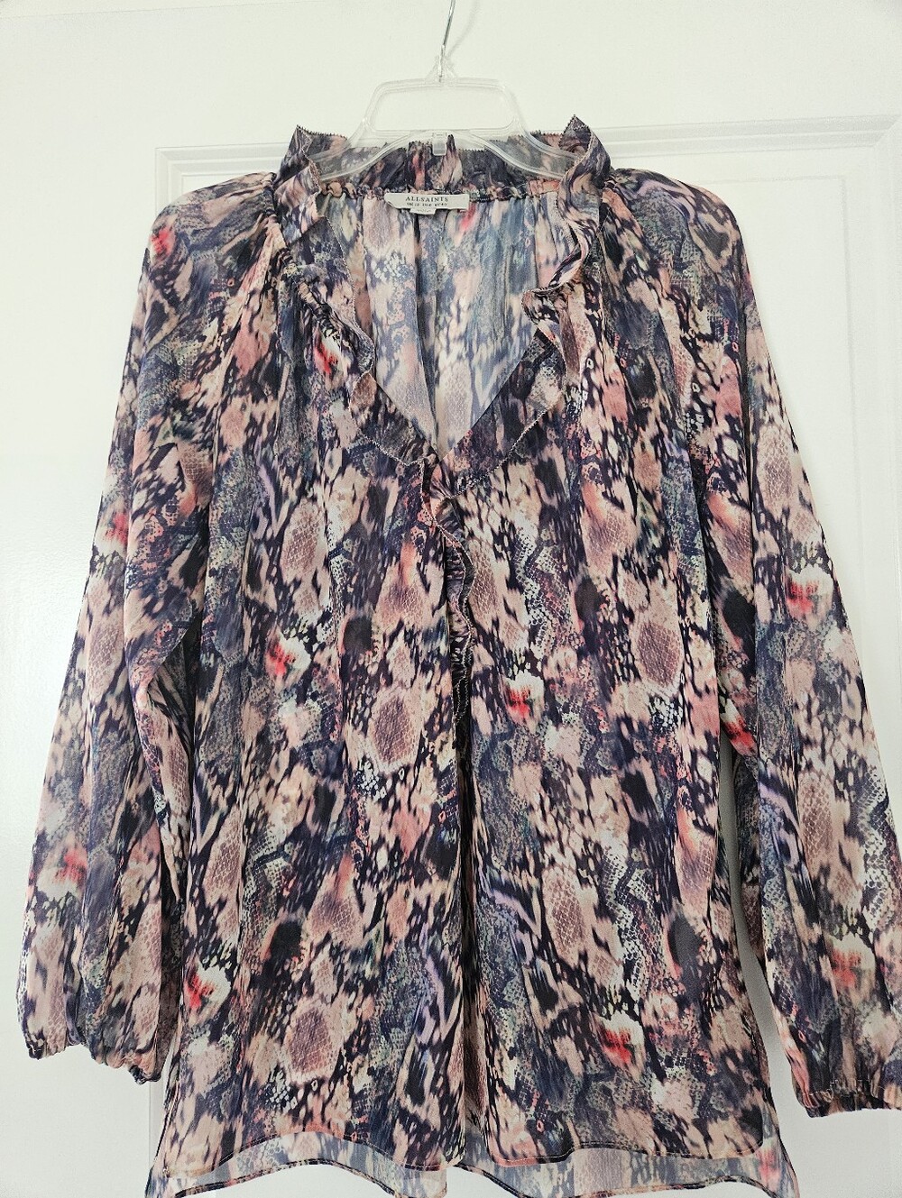 All Saints Pink and Blue Abstract Snake-Print Ruffle Blouse